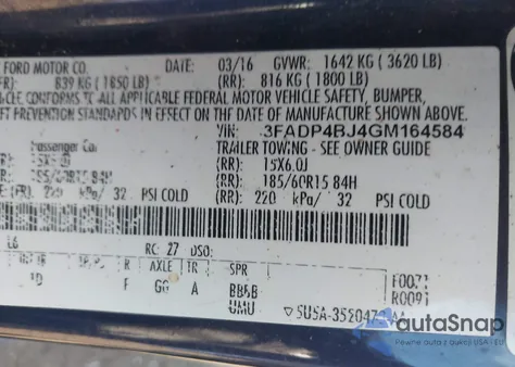 2016 Ford Fiesta Se z USA, uszkodzony, nr VIN 3FADP4BJ4GM164584